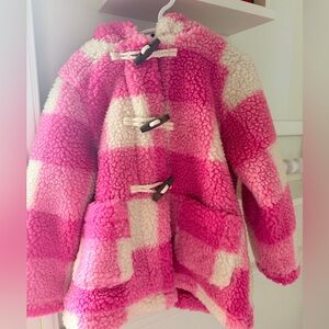 Mini Boden Pink and Cream Checkered Puffer Jacket